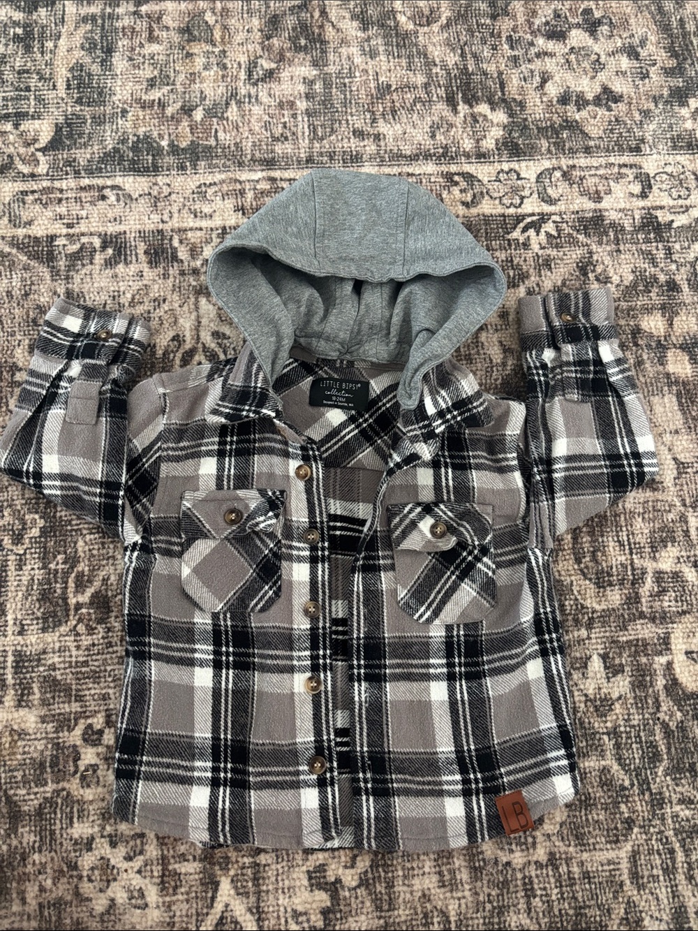 Little Bipsy Gray and Black Plaid Hooded Button-Down Shacket